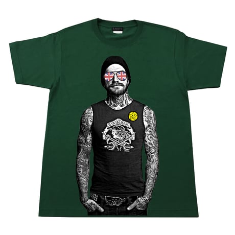 RARETE (ラルテ)   イギリス国旗 グラサン タトゥー Tシャツ  フォレストグリーン 星柄 star