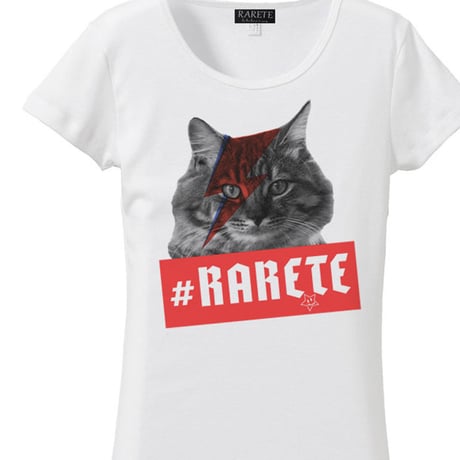 RARETE (ラルテ)   猫 デビットボウイ イナズマ  Tシャツ  ホワイト  星柄 star (レディース）