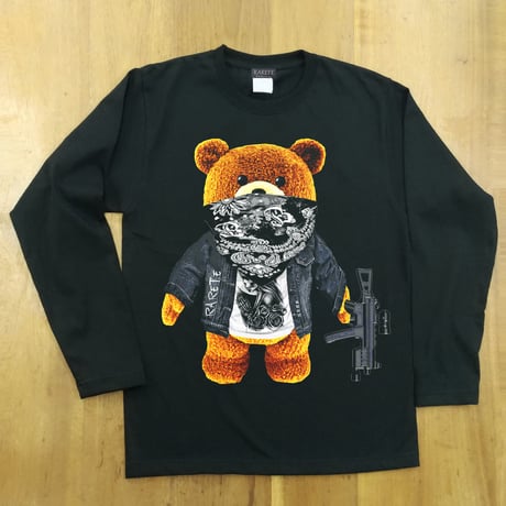 RARETE (ラルテ) テディベア ドクロ Tシャツ ブラック  長袖 Tシャツ 星柄 star（Bandana）
