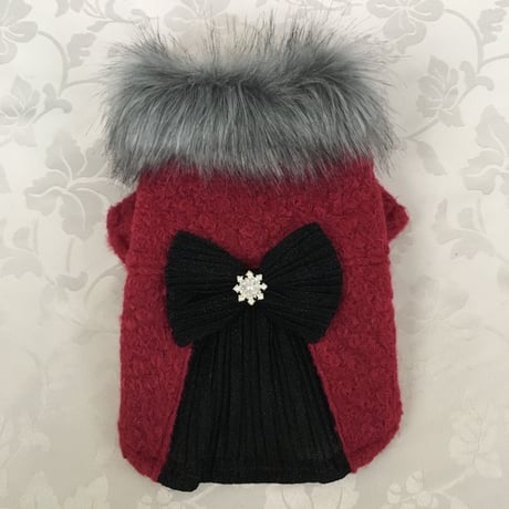 クリスマスファーコート　ビッグリボン　ワインレッド