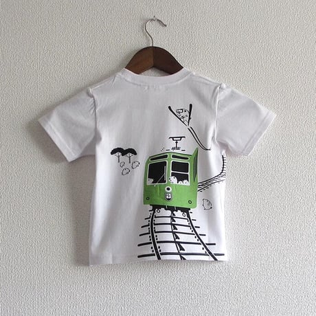 ★150cmのみ★こどもTシャツ　ホワイト（摩耶山のレトロケーブルカー）