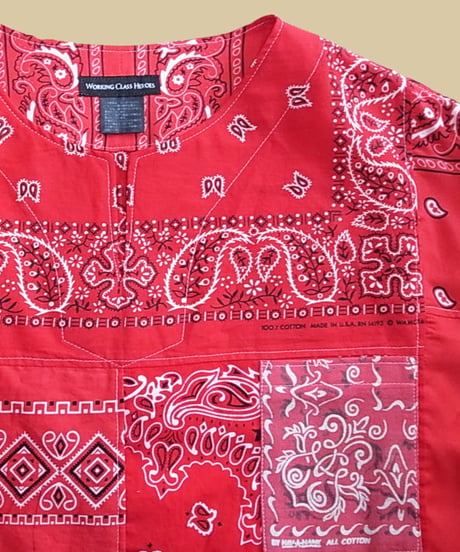 Remake Bandana Key Neck Shirts -Red Mix  #2001