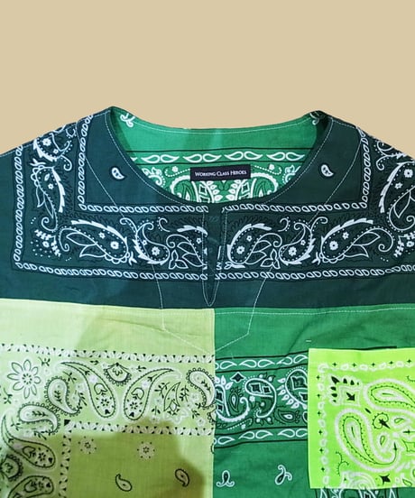 Remake Bandana Key Neck Shirts -Green Mix