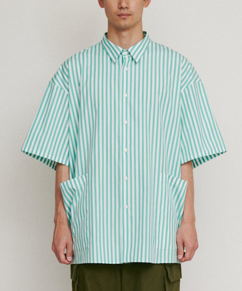 DIGAWEL ストライプシャツ 半袖 グリーン サイズ1 DIGAWEL Side pocket S/S shirt ① stripe【AQUA GRE