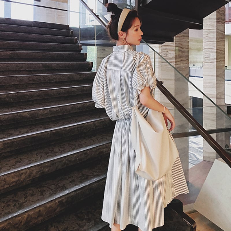 うさとの服　ゆったり　ストライプ ロングワンピース パフスリーブ　usaato ワンピース レディース シャツワンピース ロング丈 パフスリーブ