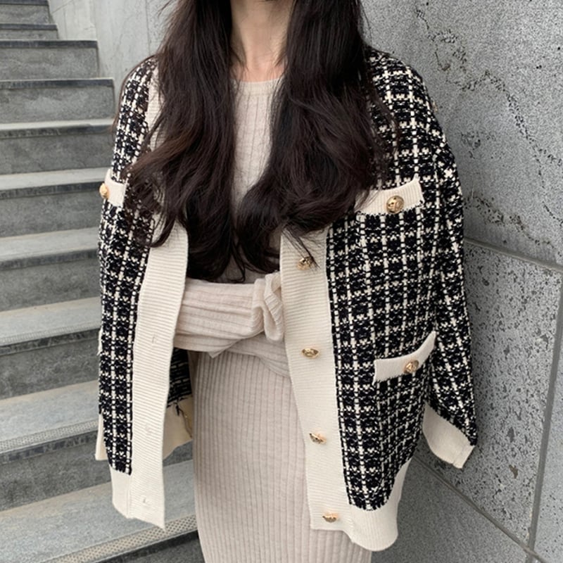 トップス カーディガン レディース 千鳥格子 チェック柄 エレガント