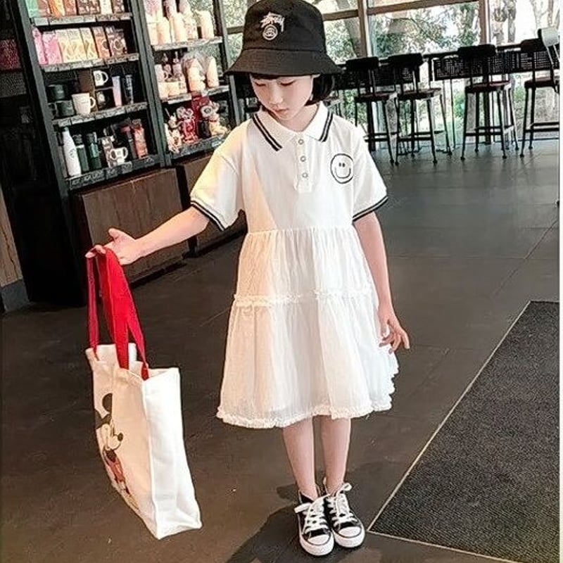 キッズ おしゃれ☆襟付き 半袖ワンピース にこちゃんマーク ティアード