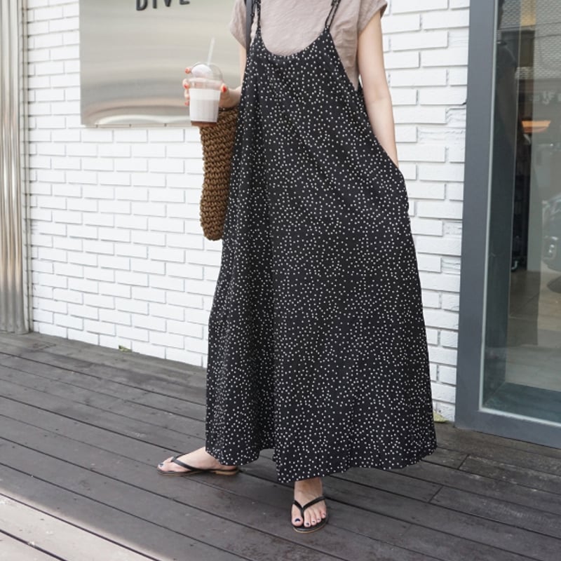 オールインワン レディース サロペット ワイドパンツ ドット柄