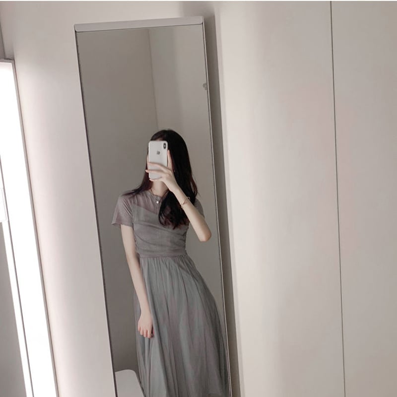 グレー シースルー袖 ロングドレス 半袖 シフォン シースルー レース ドレス ロングワンピース