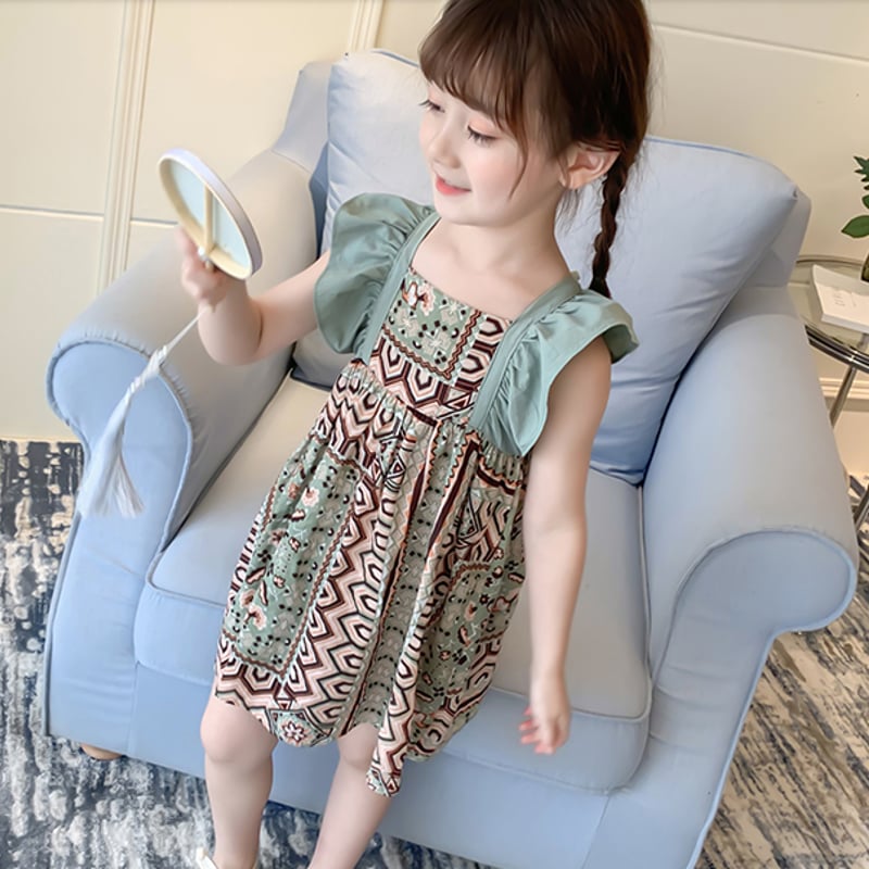 ワンピース 子供服 女の子 ノースリーブ ワンピ 肩フリル ボヘミアン