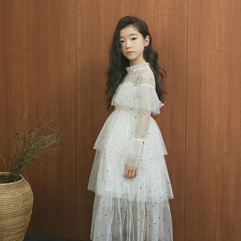 キッズ女の子 長袖 ラメ ロング丈 レースワンピース チュールスカート