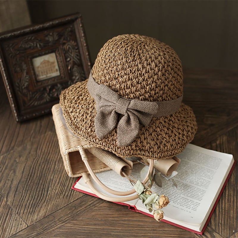 ざっくり編み♡リボンがおしゃれ麦わら帽子 折りたたみ 可 紫外線 防止