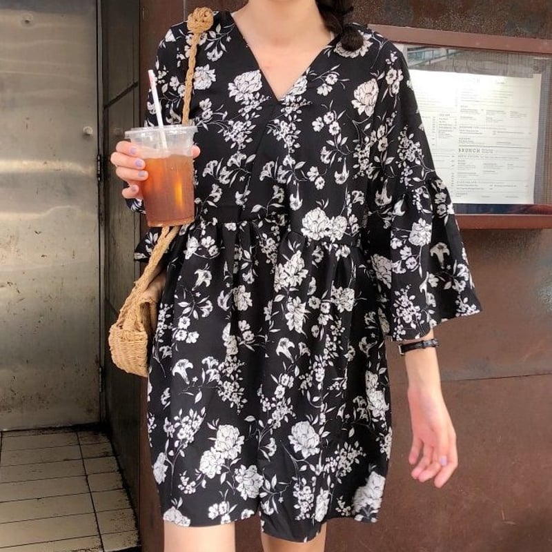 ワンピース ショート ミニ丈 七分袖 春 夏 花柄 葉っぱ柄 リーフ柄 