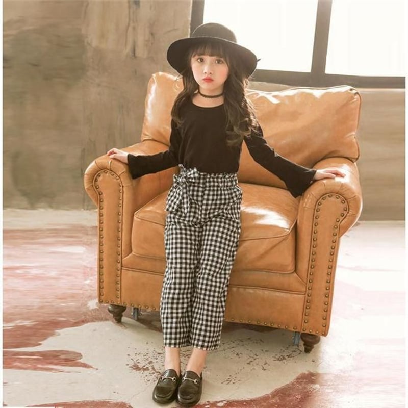 キッズ服 女の子セットアップ2点セット カットソー＋ チェック パンツ