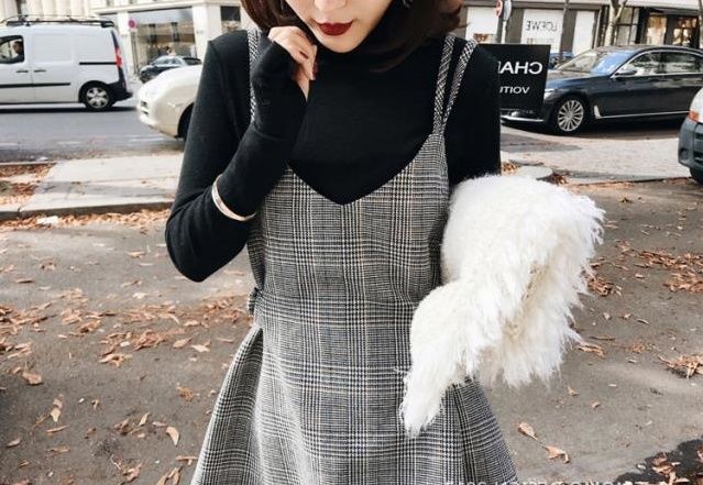 秋冬人気商品 グレンチェックサロペット♪＋タートルネック長袖セット