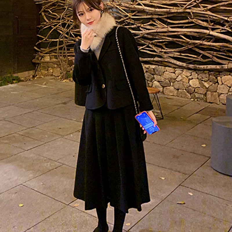 レディース厚地 セットアップ☆ジャケット+プリーツスカートカジュアル