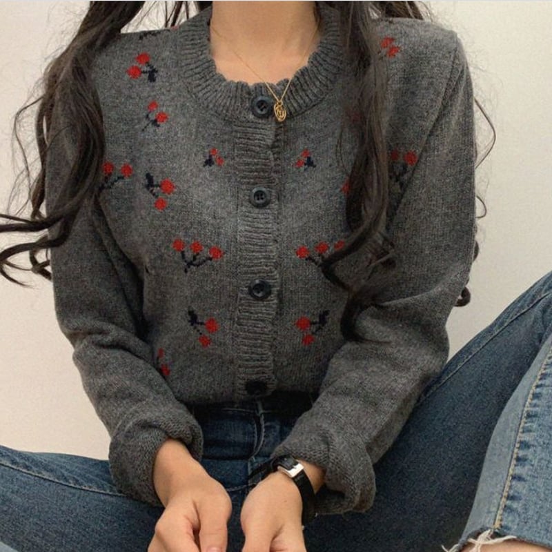 韓国カーディガン フラワー刺繍Vネックニットカーディガン 6398 - 韓国