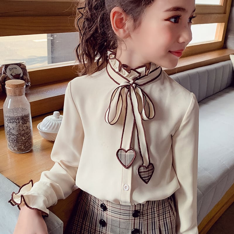 韓国風☆子供服 ハートボウタイ リボン ナチュラル長袖シャツ ブラウス 
