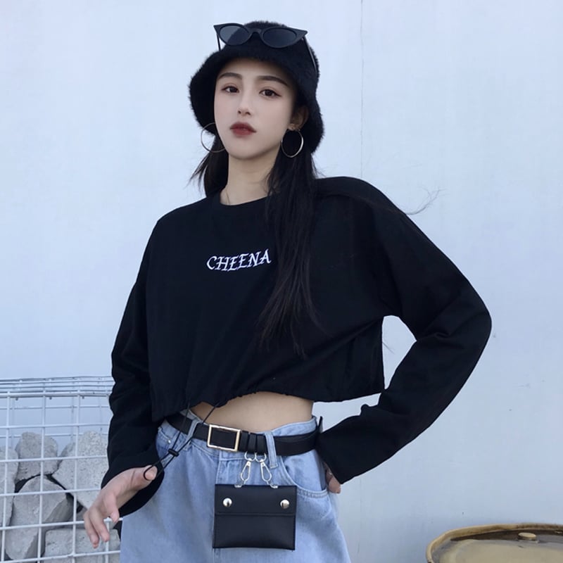 トップス レディース 長袖 ロンT ショート丈 トップス へそ出し T