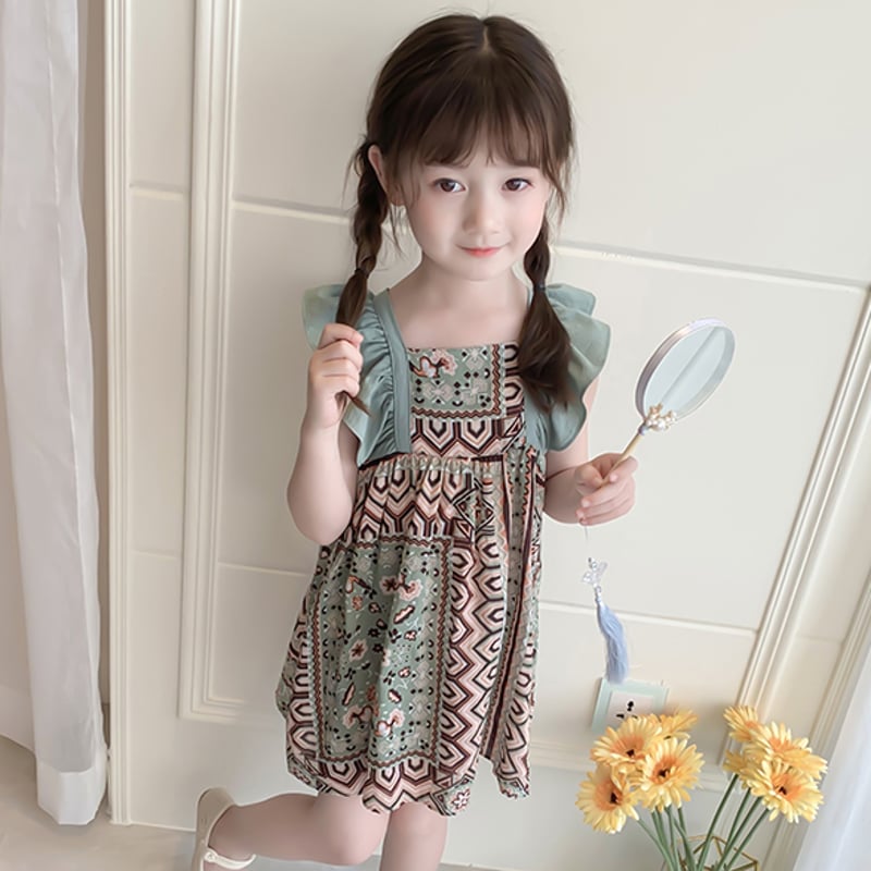 ワンピース 子供服 女の子 ノースリーブ ワンピ 肩フリル ボヘミアン