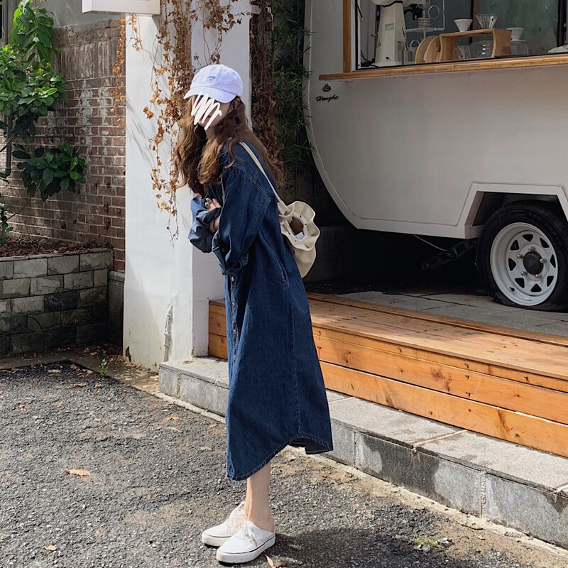 しっかり生地だけど柔らかい♡ひざ丈下長袖デニムワンピース