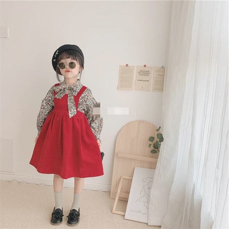 韓国子供服★花柄シャツ+コーデュロイ素材 ナチュラル ワンピース ボリューム袖 リボンタイ 95cm - 130㎝ 子供服 子ども服 女の子 七五三 レッド 普段着 カジュアル TAGX12651