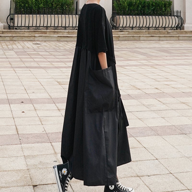 ワンピース レディース ロング丈 ウエストギャザー シンプル モード