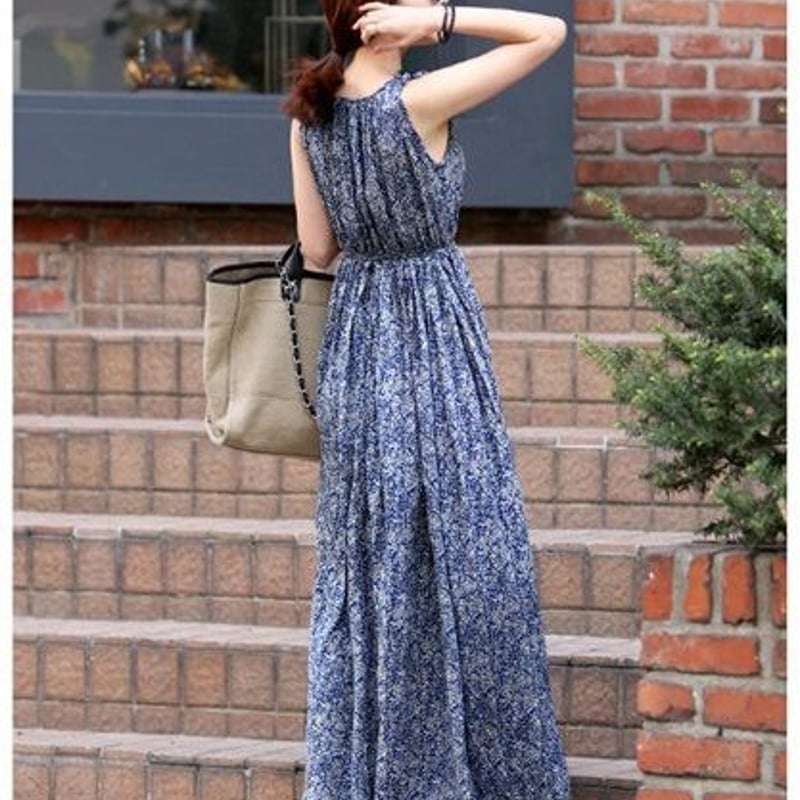 ワンピース ロング マキシ丈 ノースリーブ 夏 ボヘミアン 小花柄