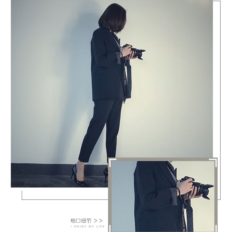 レディースL L フルスーツ ブラック ジャケット丈長☆ゆったり ブラック スーツ セットアップ シンプル