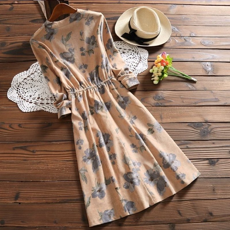 ワンピース ひざ丈 長袖 秋 冬 コールテン生地 花柄 ひざ丈ワンピース