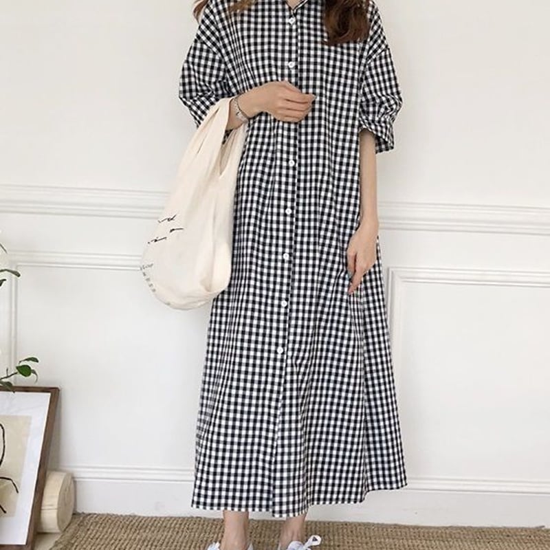 ワンピース ロング マキシ丈 五分袖 春 夏 ギンガムチェック ロング