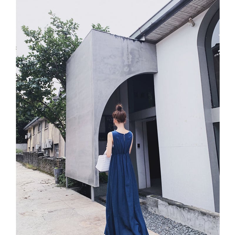 藍色マキシワンピース ノースリーブ ワンピースマキシワンピースアイ色