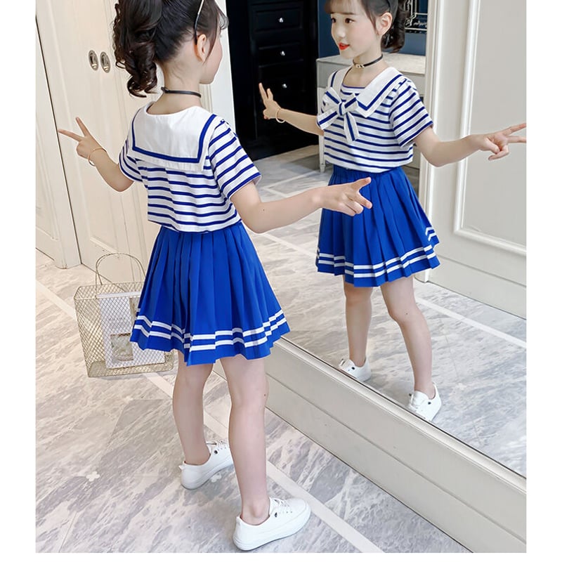 韓国子供服♡ 2点セット 半袖セーラーカラートップス＋プリーツ