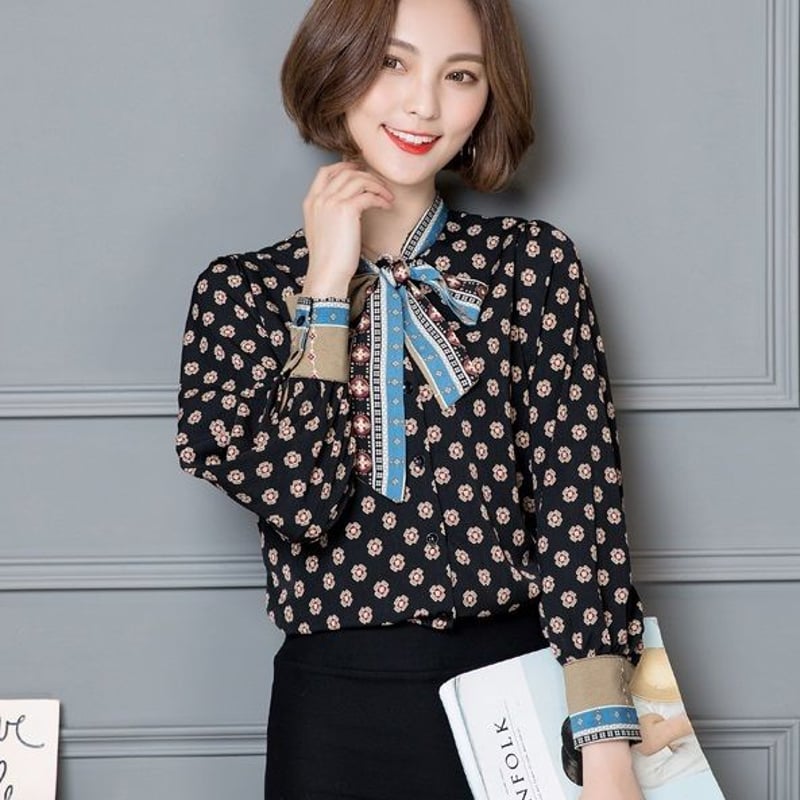 トップス シャツ ブラウス 長袖 ドット リボン ボウタイ レトロ クラシック 春 秋 通勤 ...