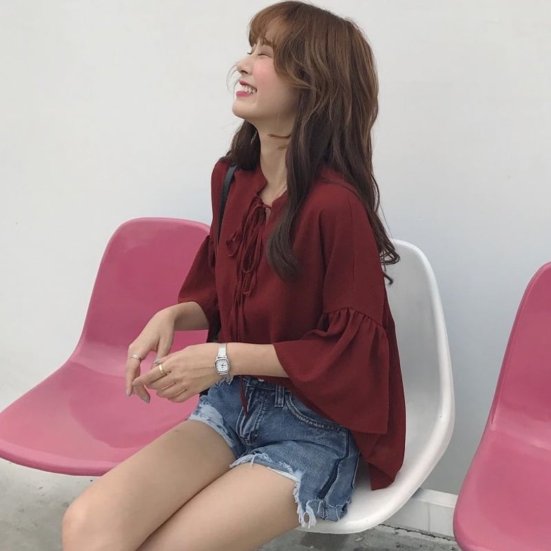 トップス シャツ ブラウス 七分袖 春 夏 五分袖 フレア リボン