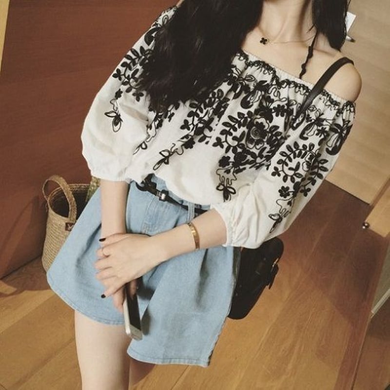 トレンド ボヘミアンオフショルダー レディース 袖 シャツ ブラウス 花