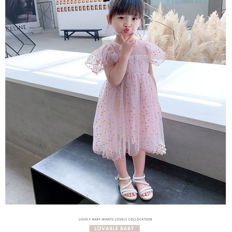 韓国子供服 チュールキッズ ドレス シフォン 春夏 モチーフ エレガント