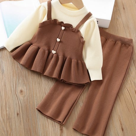 キッズ 女の子 セットアップ ニット 子供服 長袖 レイヤード トップス パンツ ビスチェ 秋 冬 重ね着風 お出かけ 韓国ファッション 韓国子供服 2点セット 上下セット プレゼント 送料無料