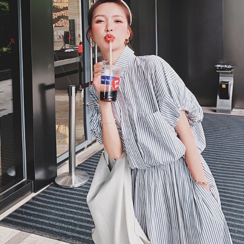 ワンピース レディース シャツワンピース ロング丈 パフスリーブ