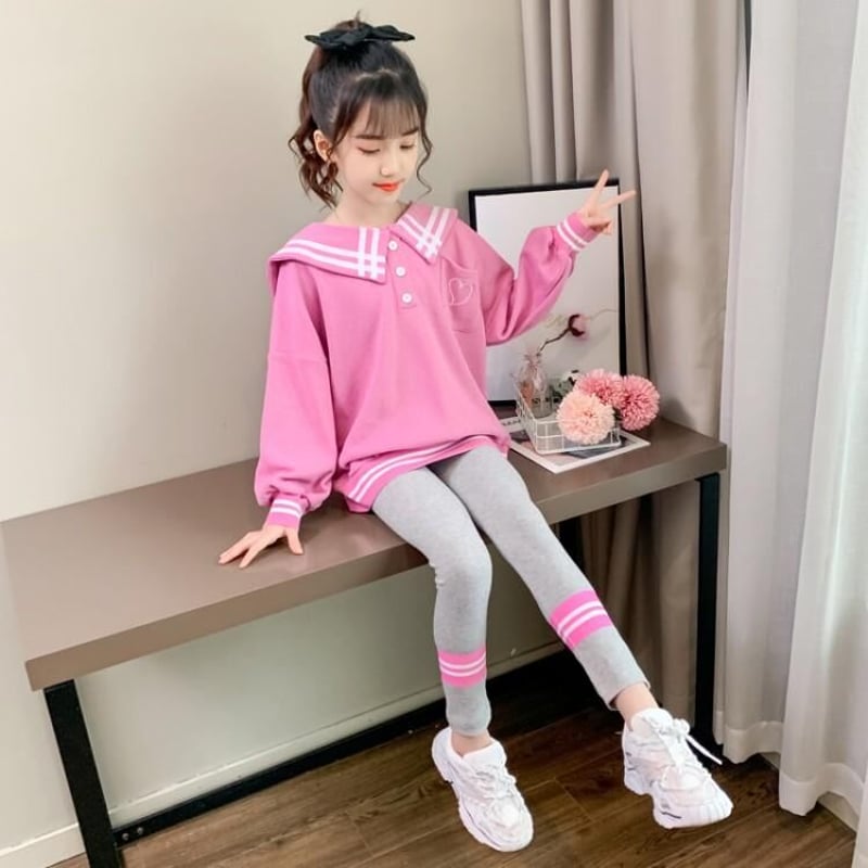 セーラーカラー☆韓国風トップスTシャツ プラス パンツ セットアップ 