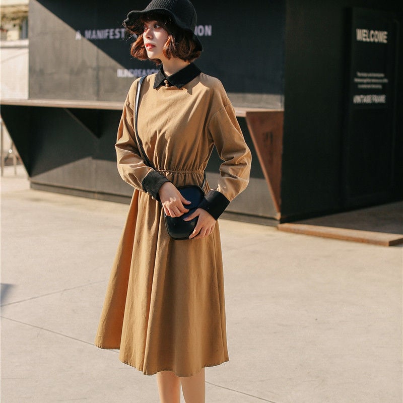 プチプラ 長袖 ひざ丈 ドルマンゆったりレトロワンピース フレア