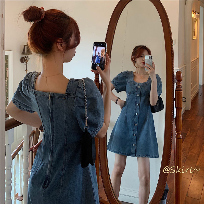 GANNI ロゴ プリーツ 半袖 デニム ミニ丈 シャツワンピース 夏アイテム バルーン袖 ミニ丈 デニム ワンピース 半袖 シャツ