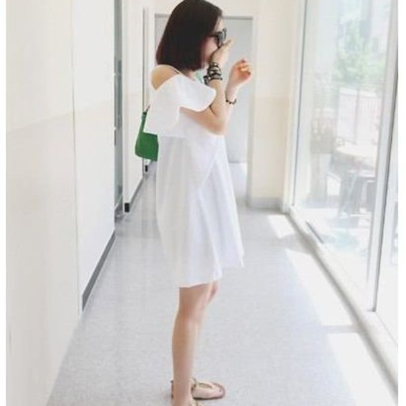 ワンピース ショートミニ丈 Tシャツ ワンピース 袖フリル オフ