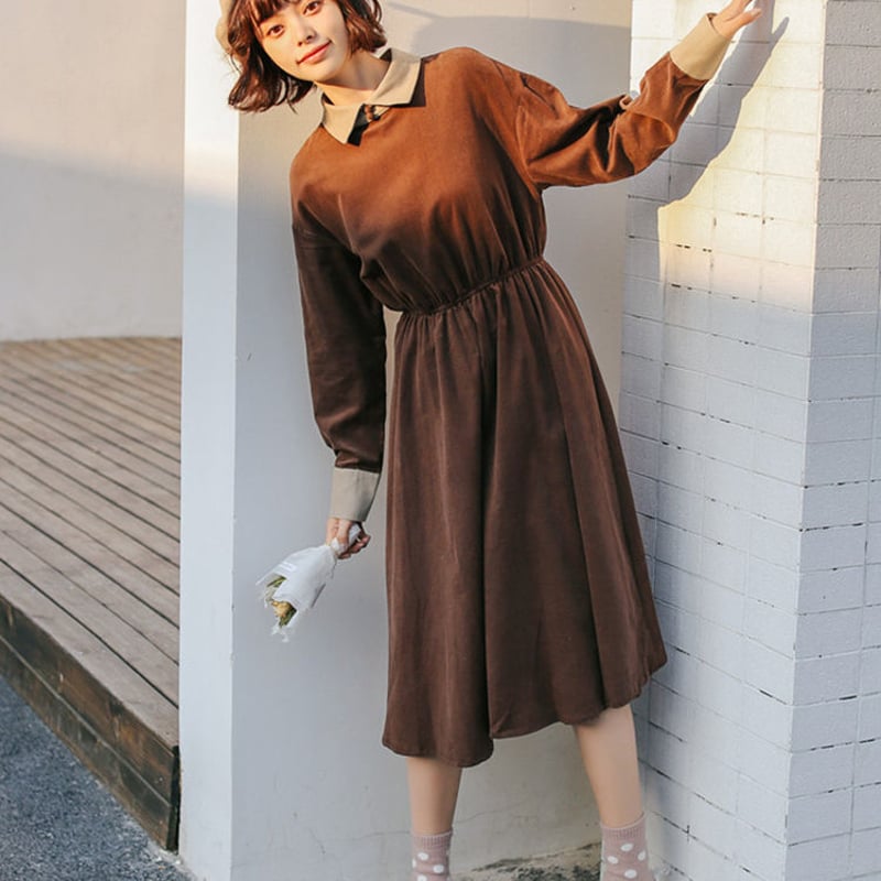 プチプラ 長袖 ひざ丈 ドルマンゆったりレトロワンピース フレア