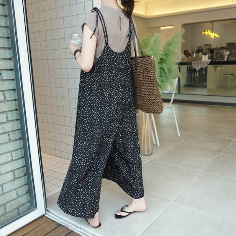 おしゃれ柄オールインワンサロペットワイド夏おしゃれ オールインワン レディース サロペット ワイドパンツ ドット柄