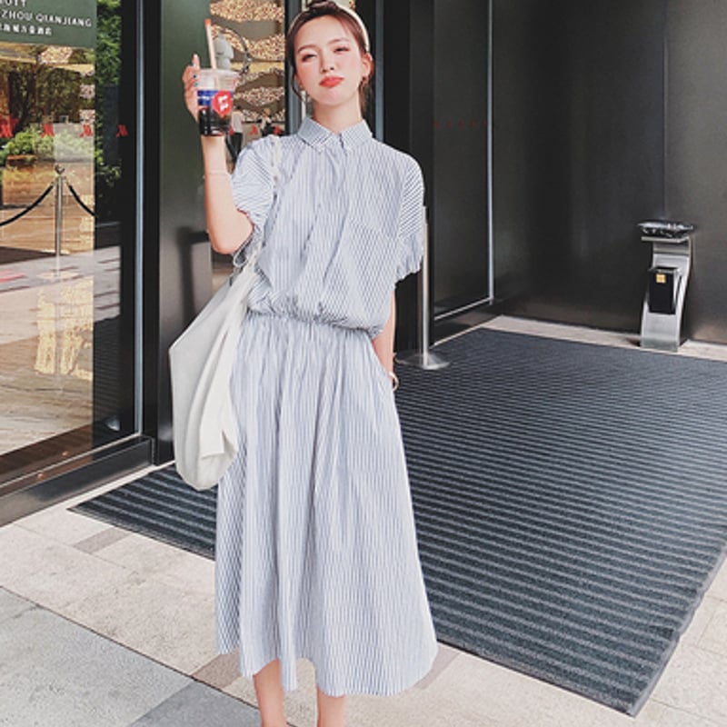 ワンピース レディース シャツワンピース ロング丈 パフスリーブ