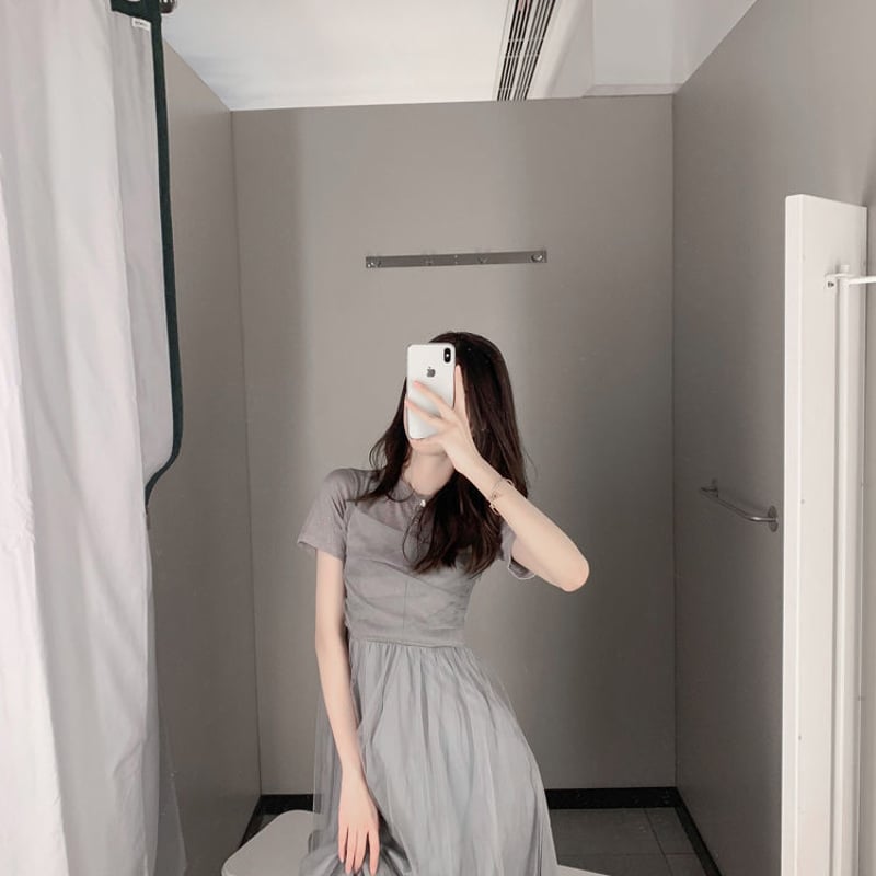 グレー シースルー袖 ロングドレス 半袖 シフォン シースルー レース ドレス ロングワンピース