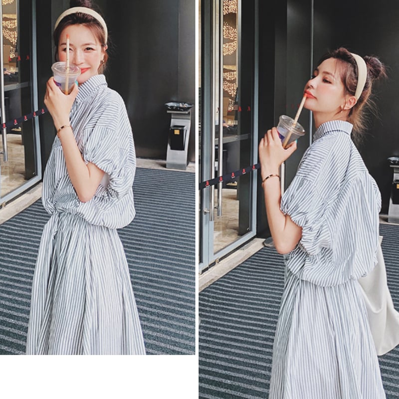 ワンピース レディース シャツワンピース ロング丈 パフスリーブ