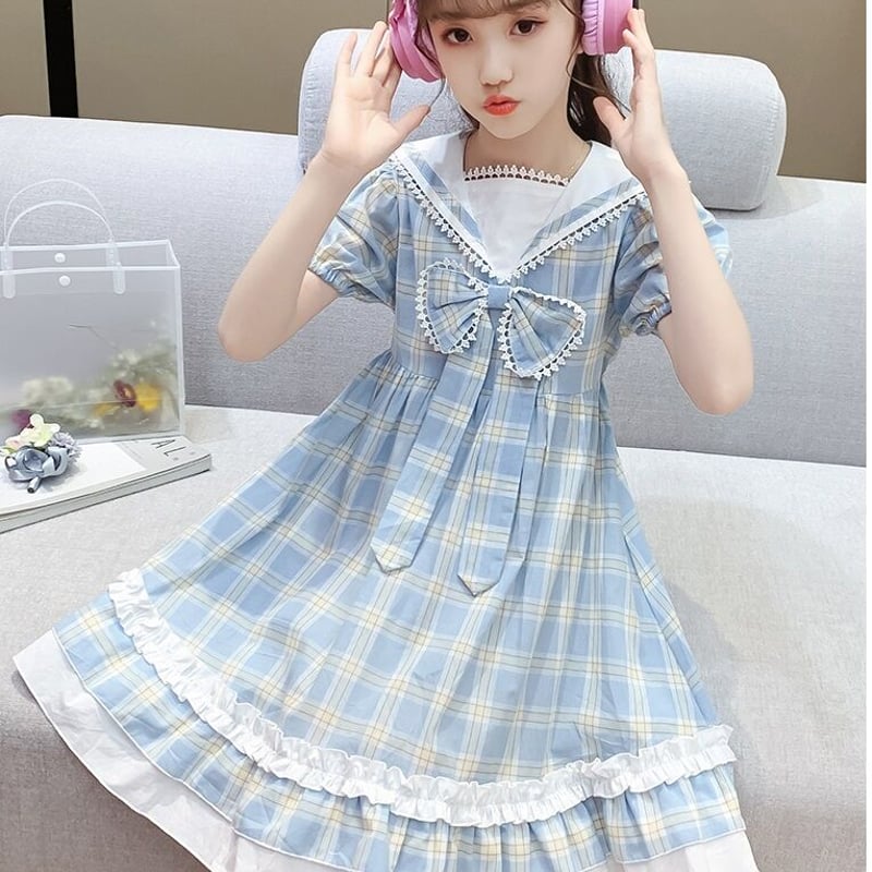 女の子おしゃれ 子供服☆セーラーカラー チェックフリルワンピース 