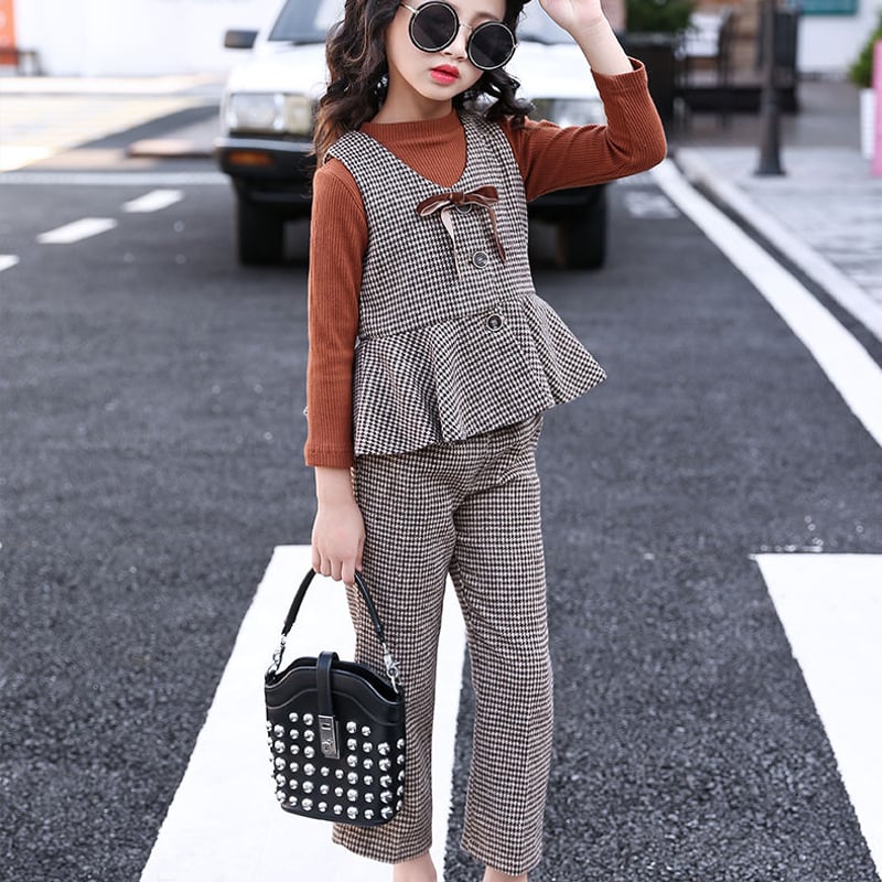 秋冬 女の子セットアップ 子供服 ブラウン スーツ キッズ 韓国子供服